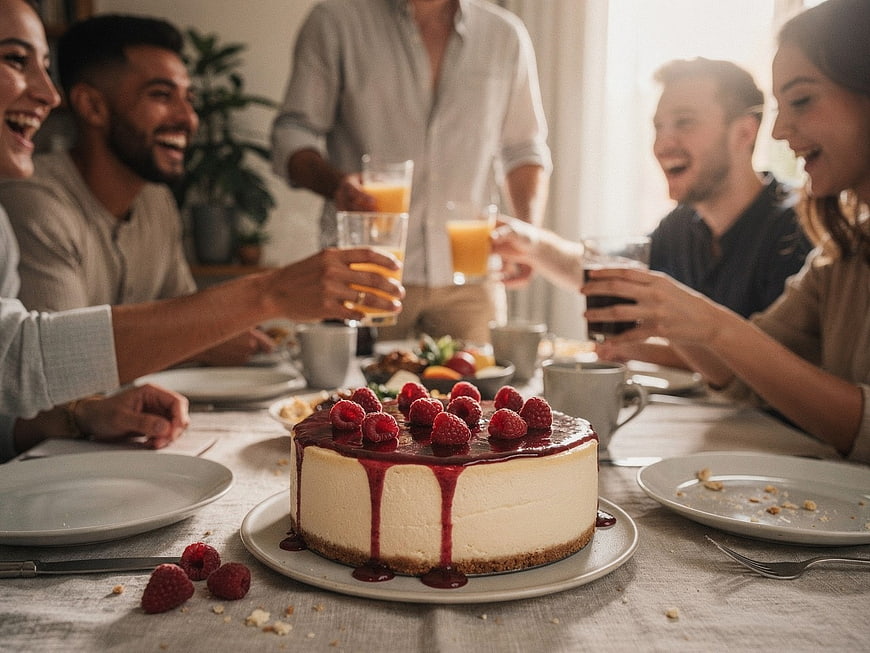 Friends Celebrating with Cheesecake and Juice