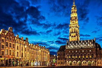 Illuminated Arras Town Hall and Belfry at Blue Hour