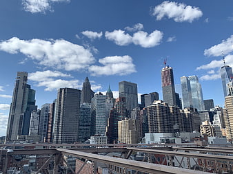 New York City Skyline with Skyscrapers and Blue Sky