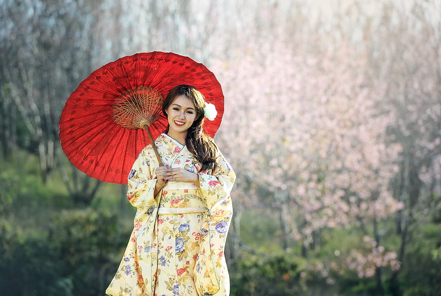 Asian Woman in Kimono with Red Umbrella Under Cherry Blossoms
