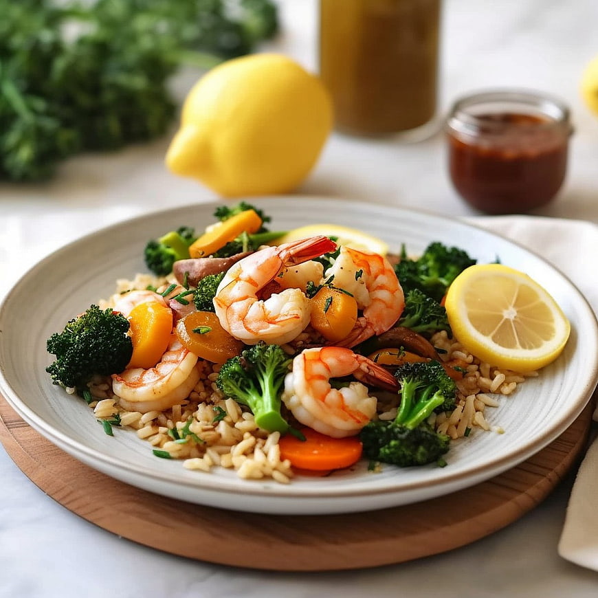 Healthy Shrimp and Broccoli Rice Bowl with Lemon