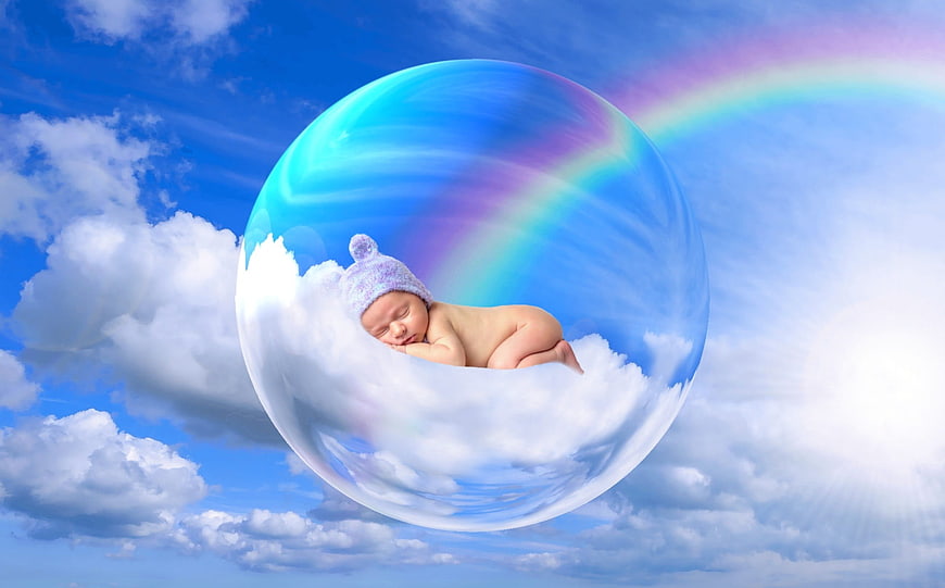 Sleeping baby in a floating bubble with rainbow and clouds