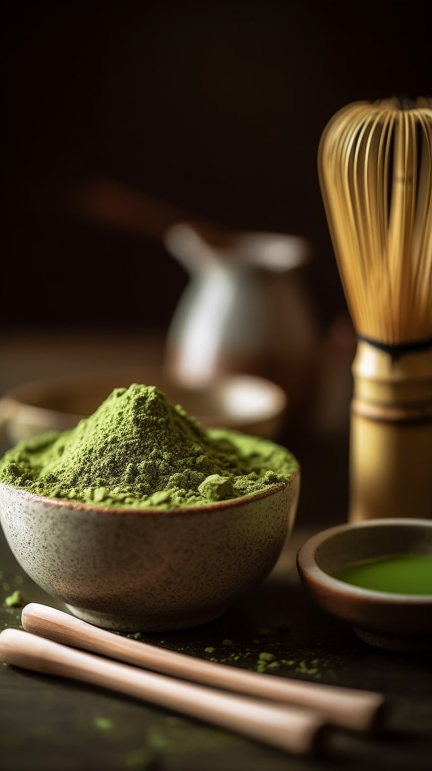 Ceramic Bowl of Matcha Powder with Bamboo Whisk