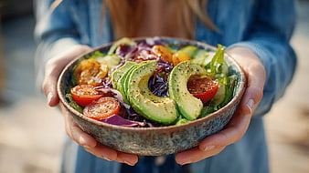 Woman Holding Fresh Avocado Salad Bowl with Vegetables