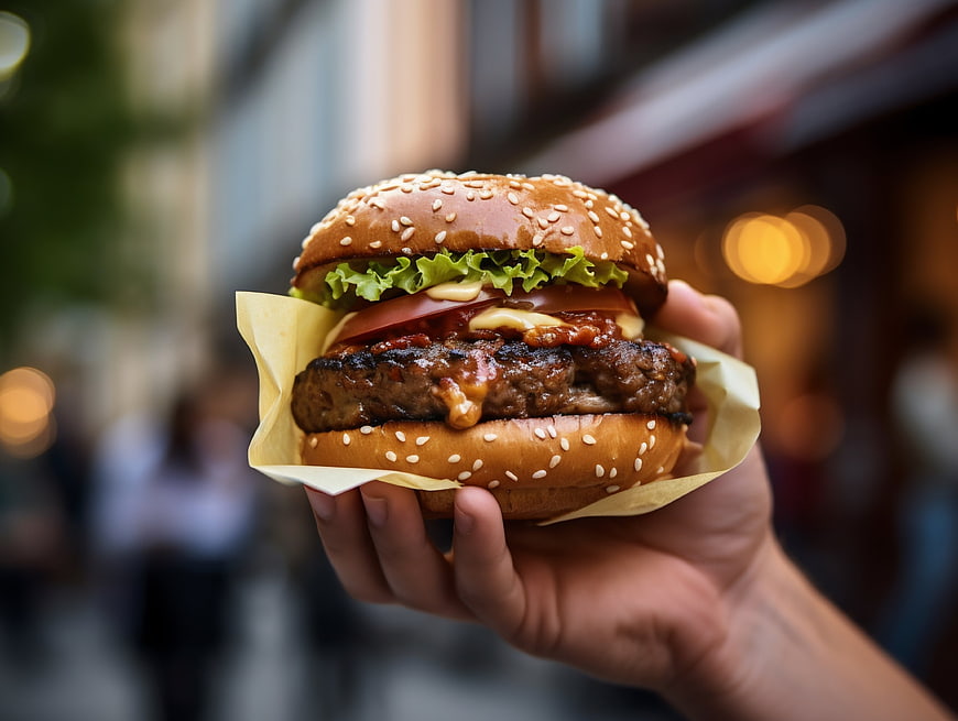 Hand holding juicy burger with sesame bun outdoors