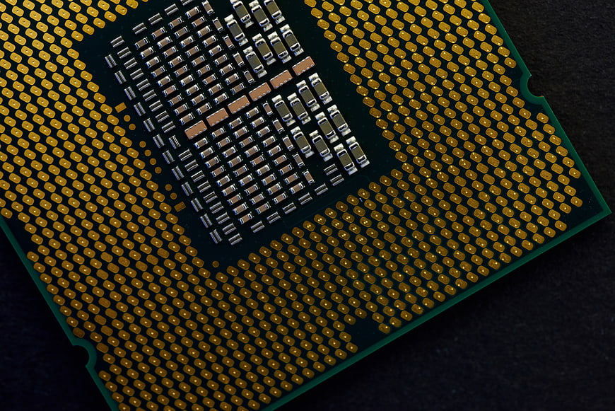 Close-up of CPU Processor Chip with Gold Pins