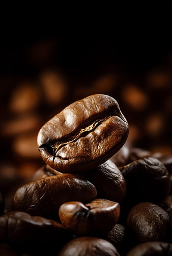 Macro shot of roasted coffee beans with dark background