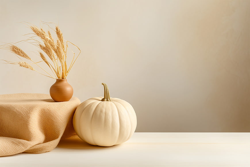 Minimalist Autumn Still Life with White Pumpkin and Wheat