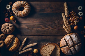 Artistic flat lay of artisan bread and wheat on dark wood