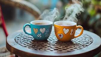 Two Steaming Coffee Mugs with Heart Patterns on Wooden Table