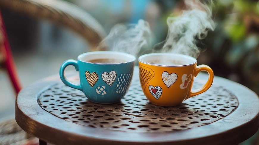 Two Steaming Coffee Mugs with Heart Patterns on Wooden Table