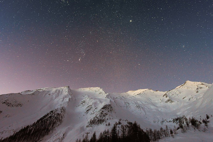 Snowy Mountain Range Under Starry Night Sky