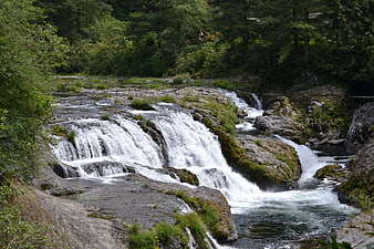 Scenic cascading waterfall flowing over mossy rocks in a forest