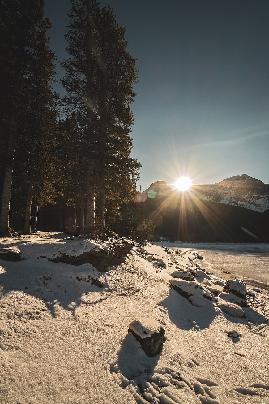 Sunset over Snowy Mountain Lake with Pine Trees