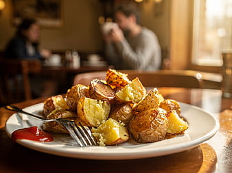 Crispy Roasted Potatoes with Ketchup on a Plate