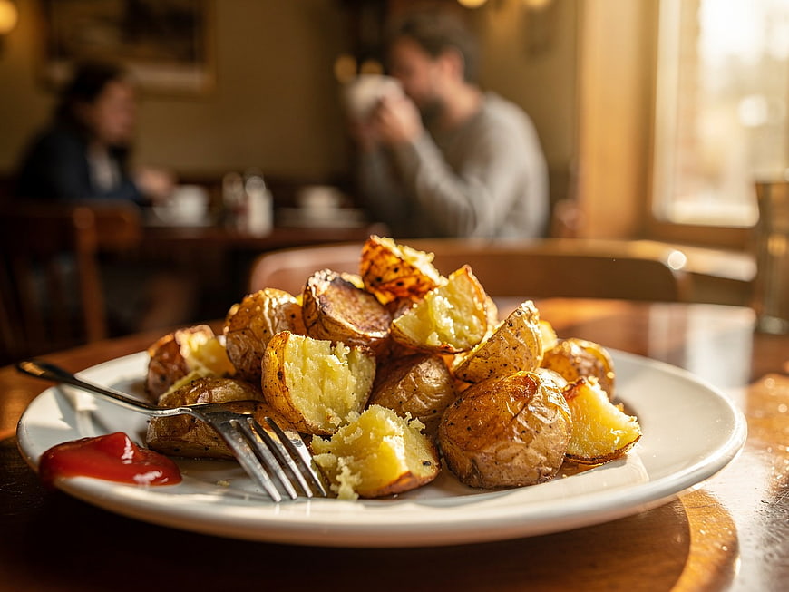 Crispy Roasted Potatoes with Ketchup on a Plate