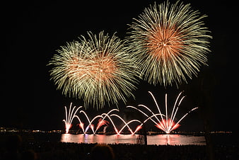 Spectacular Fireworks Display Over Water at Night