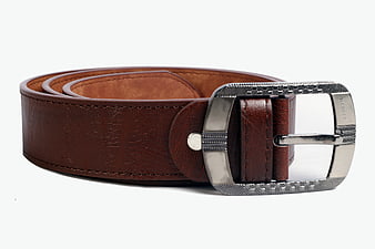 Brown Leather Belt With Silver Buckle On White Background