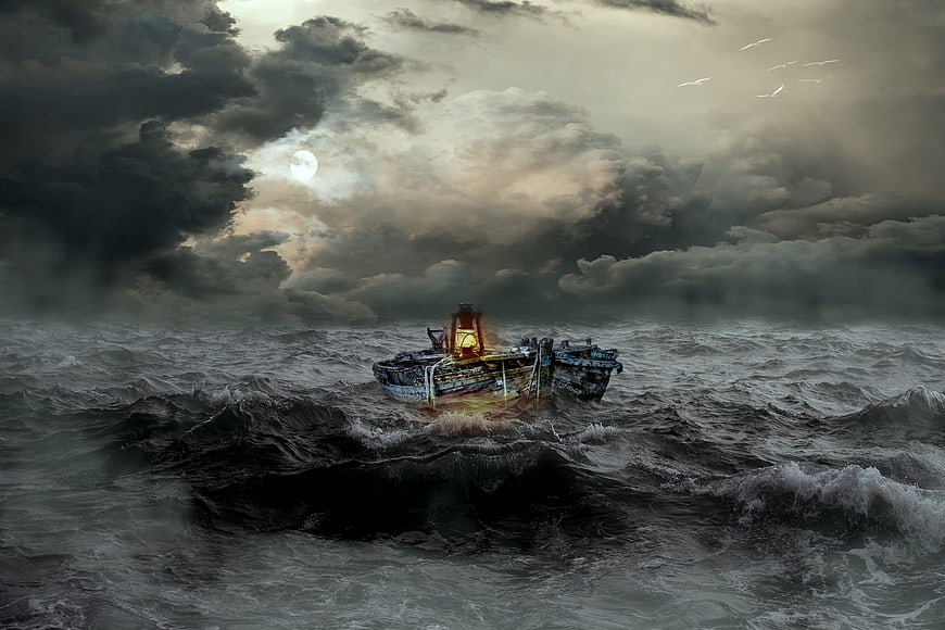 Lone boat battling stormy sea under moonlight