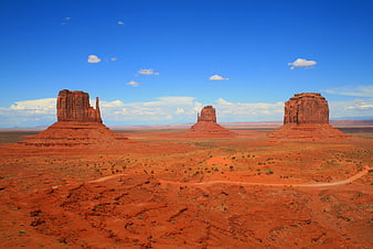 Wide landscape of red sandstone buttes in Monument Valley desert