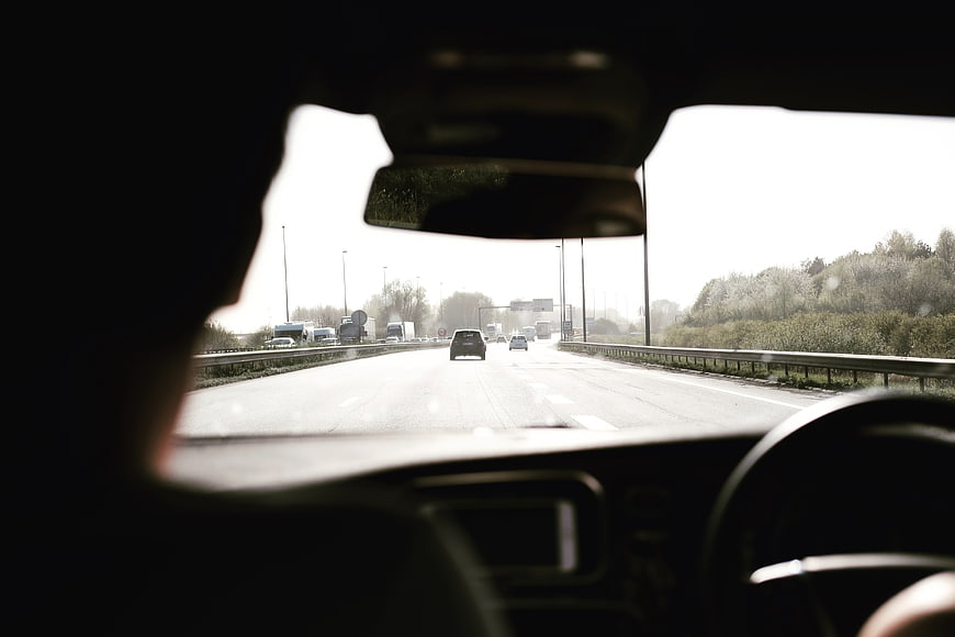 Driver's View of Highway Traffic on Overcast Day