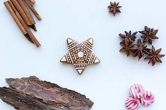 Star-shaped gingerbread cookie with cinnamon and star anise on white