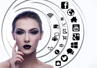 Woman with social media icons and digital network graphics