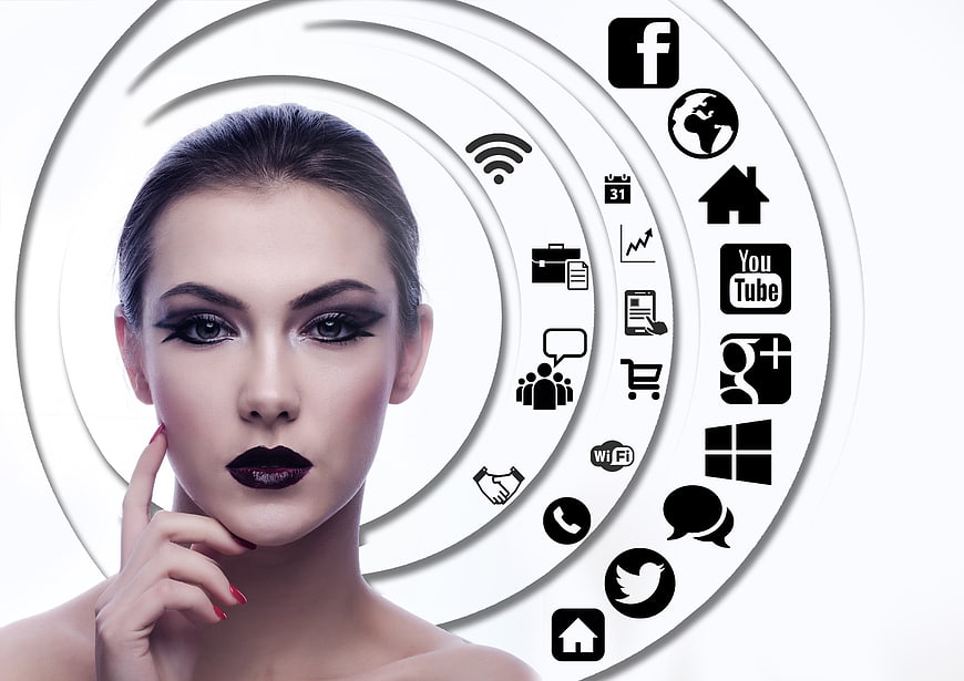 Woman with social media icons and digital network graphics