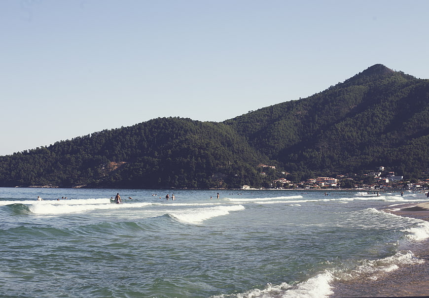 Coastal Beach Scene With Swimmers And Forested Hills