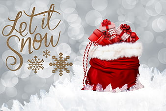 Red Santa Sack with Gifts on Snow with Let It Snow Text