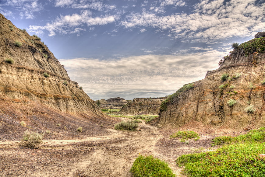 Dramatic Badlands Canyon Landscape with Blue Sky