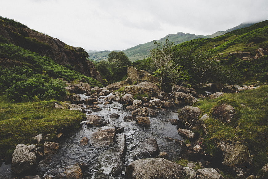 Serene Mountain Stream Flowing Through Rocky Highland Valley
