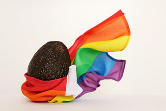 Avocado Wrapped in Rainbow Flag on White Background
