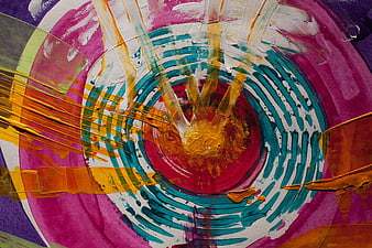 Abstract Acrylic Painting with Vibrant Concentric Circles and Texture