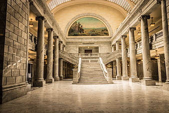 Grand Marble Staircase And Columns In Historic Capitol Building Interior
