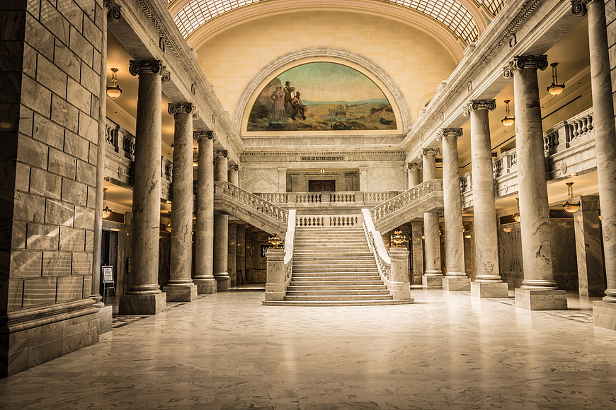 Grand Marble Staircase And Columns In Historic Capitol Building Interior