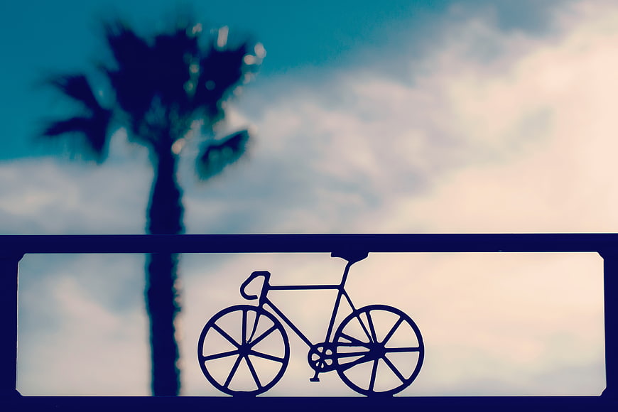 Silhouette of bicycle on railing with blurred palm tree