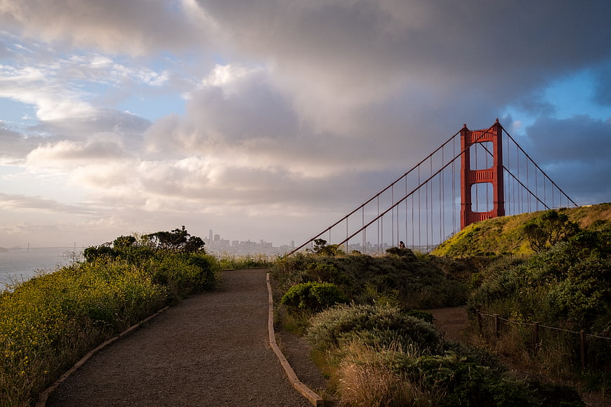 Golden Gate Bridge View from Presidio Trail with San Francisco Skyline