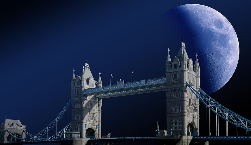 Tower Bridge London with Giant Blue Moon at Night