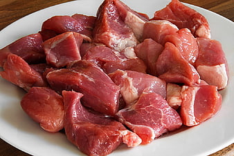 Raw Cubed Pork Meat on White Plate