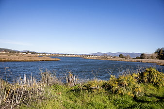 Scenic river landscape with blue sky and distant mountains