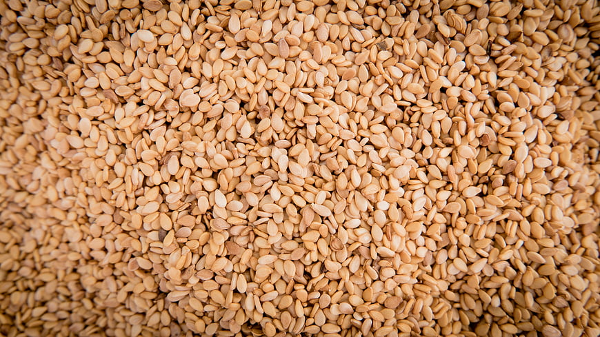 Close-up texture of raw beige sesame seeds filling the frame
