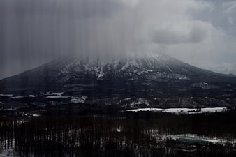 Snowy Mountain Landscape Through Rainy Window