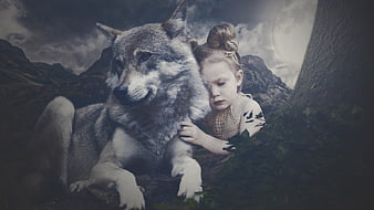 Young Girl Embracing Wolf In Dramatic Mountain Landscape