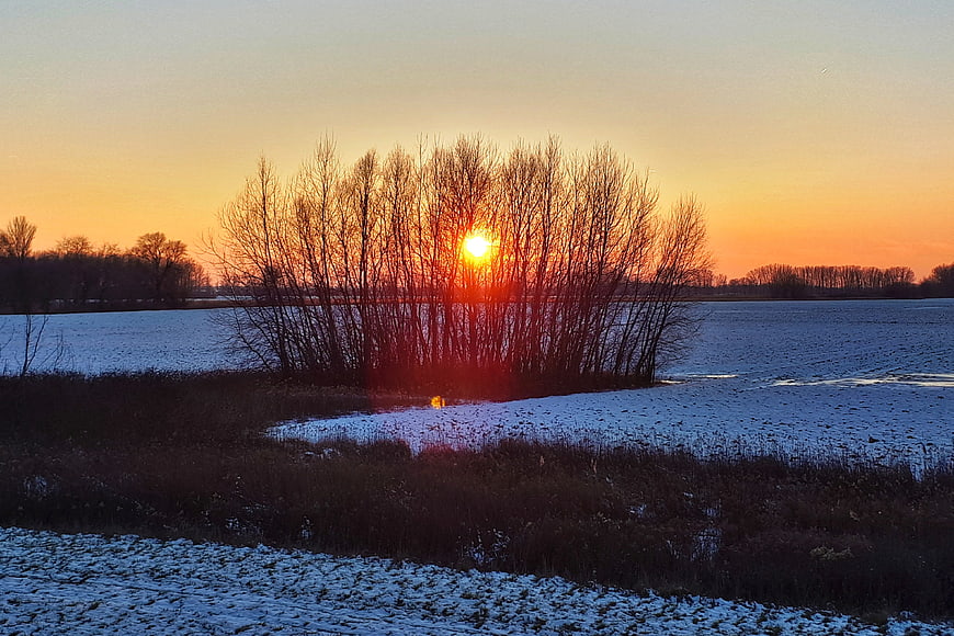 Winter Sunset Over Frozen Lake With Silhouetted Trees