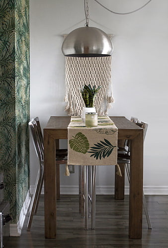 Modern Dining Room with Macrame Lamp and Tropical Decor