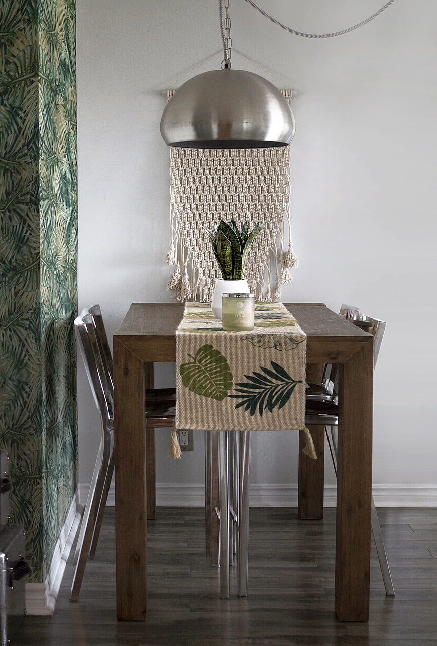 Modern Dining Room with Macrame Lamp and Tropical Decor