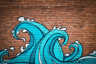Blue Ocean Wave Graffiti On Red Brick Wall Urban Street Art