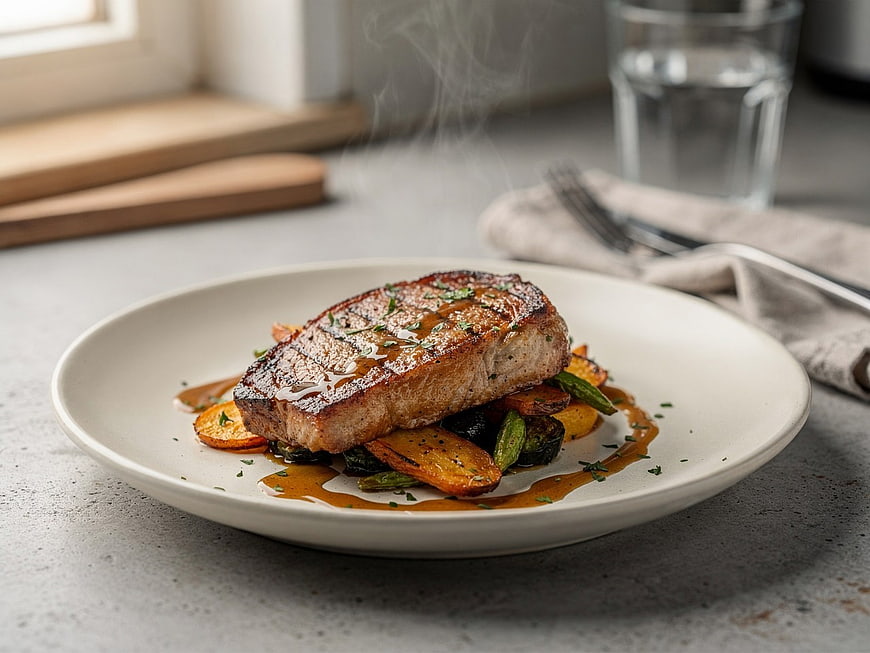 Pan-Seared Pork Chop with Roasted Vegetables and Sauce
