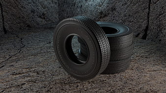 3D Render of Car Tires Leaning Against Concrete Wall
